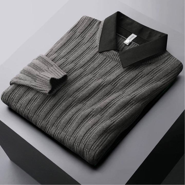 Men's ribbed knit polo collar sweater, long sleeve, for casual & stylish winter fashion.
