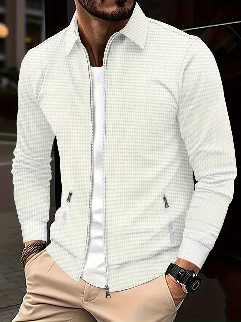 Modern men's fashion: a stylish long sleeve zip-up shirt for everyday comfort and smart casual occasions.