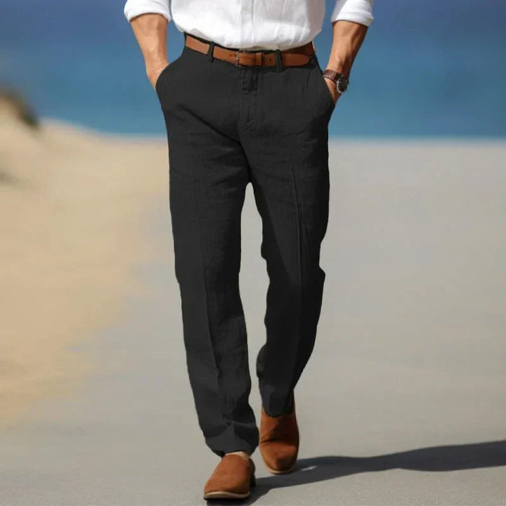 Men's tailored slim fit casual trousers in versatile polyester for summer comfort and modern style.