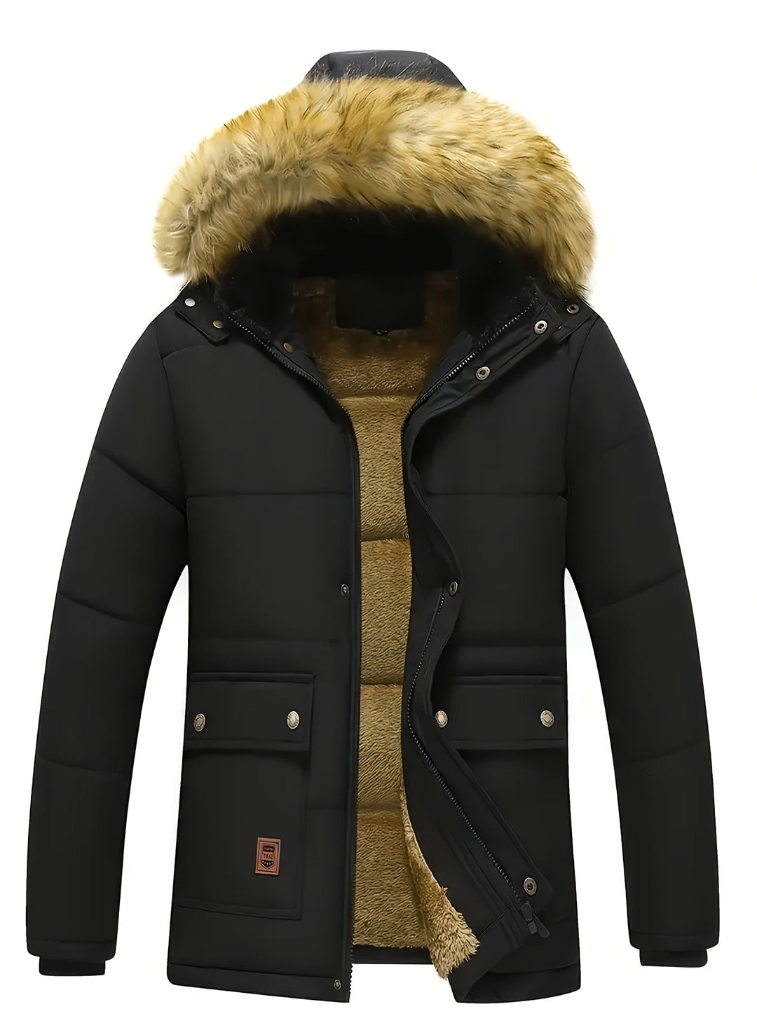 Stylish men's fashion quilted puffer jacket with hood for outdoor winter wear.