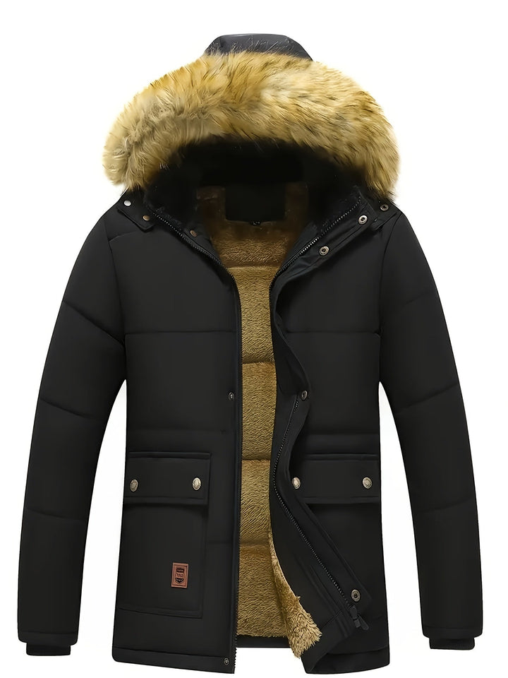 Stylish men's fashion quilted puffer jacket with hood for outdoor winter wear.