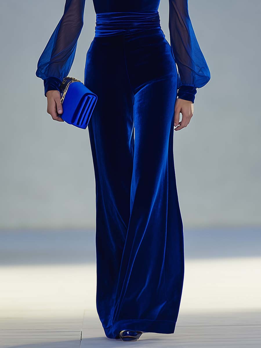 Glamorous black V-neck jumpsuit for women, featuring exquisite mesh sleeves, a stunning choice for formal parties.