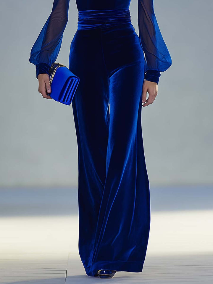 Glamorous black V-neck jumpsuit for women, featuring exquisite mesh sleeves, a stunning choice for formal parties.