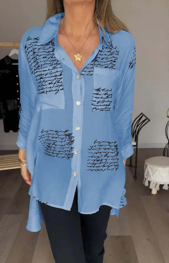 Relaxed fit women's oversized button-up shirt with trendy script print. Comfortable long sleeve blouse for stylish layering.