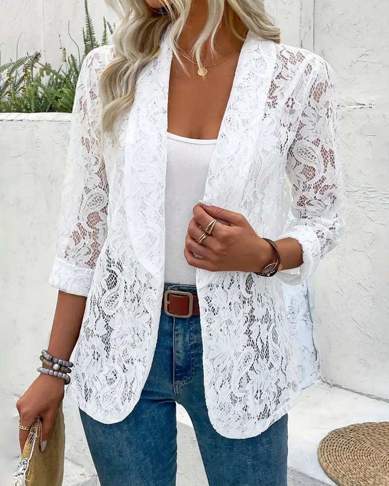 Stylish long sleeve women's jacket with floral lace collar, ideal elegant everyday wear for spring.
