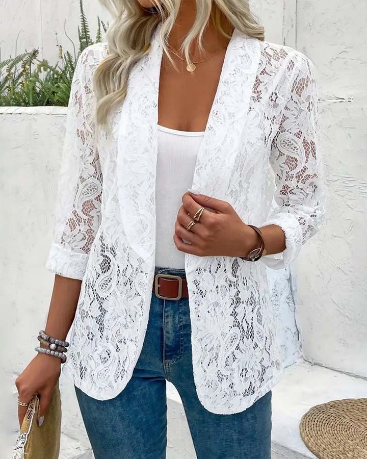 Stylish long sleeve women's jacket with floral lace collar, ideal elegant everyday wear for spring.