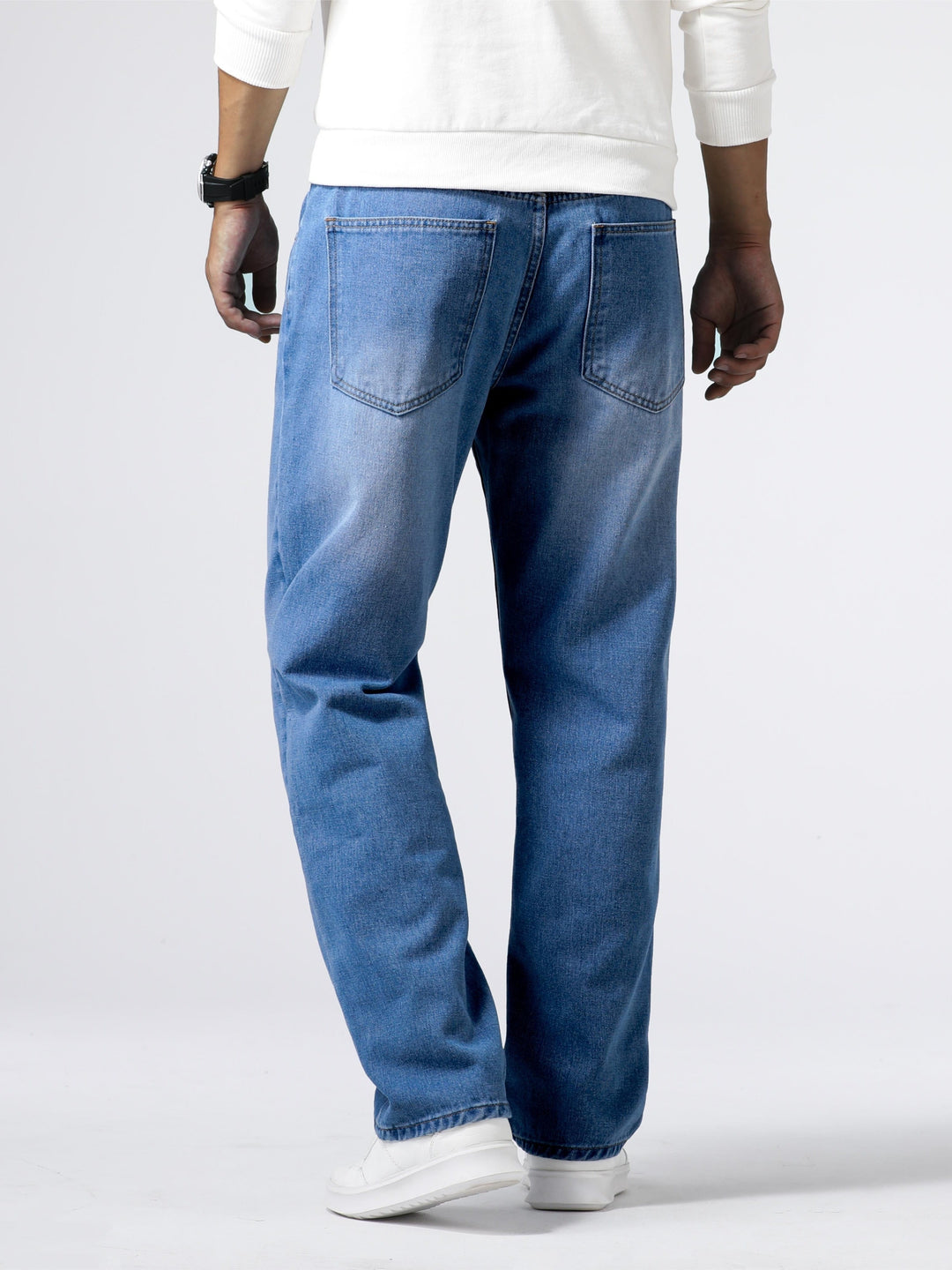 Classic fit men's straight leg jeans; versatile washed denim bottoms for comfortable everyday style.