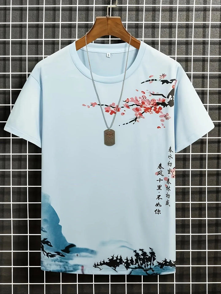 Stylish men's crew neck tee, featuring an eye-catching floral wave graphic print for summer fashion.