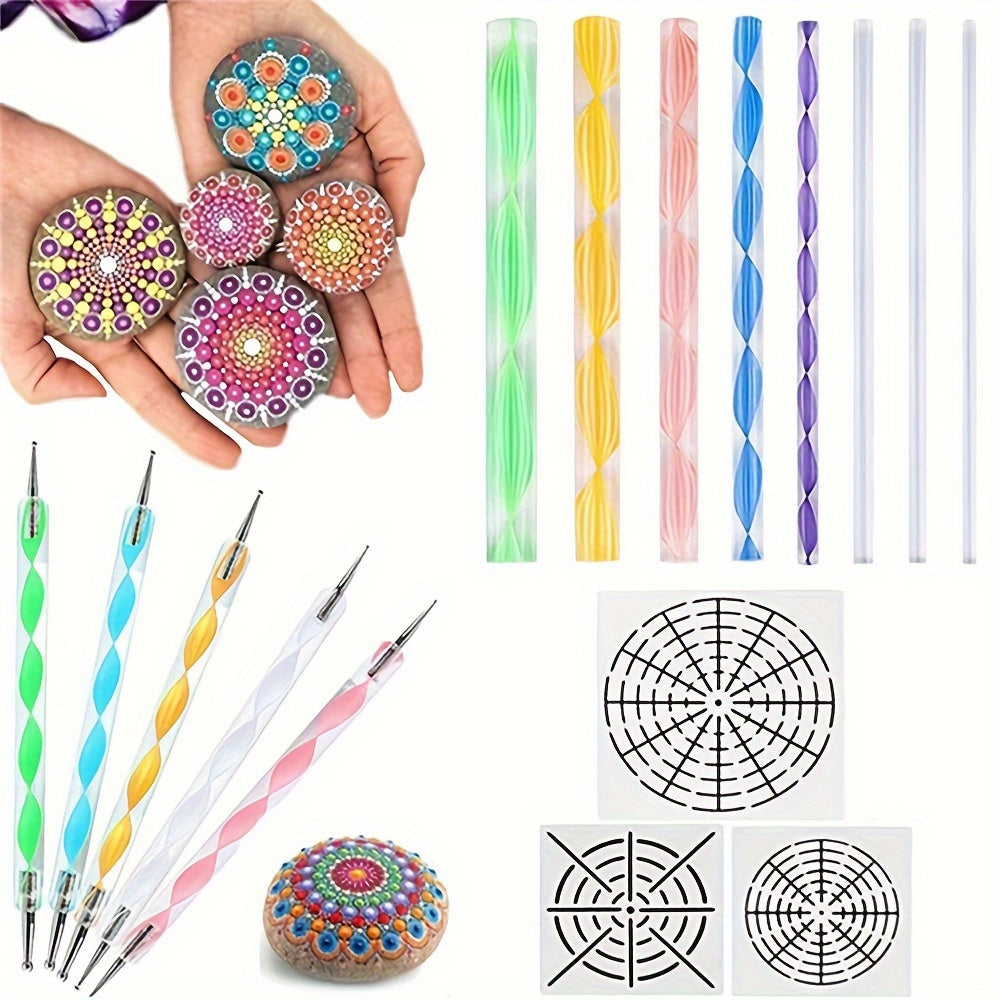 Complete mandala art supplies kit with dotting tools for creative painting on rocks, canvas, & ceramics.