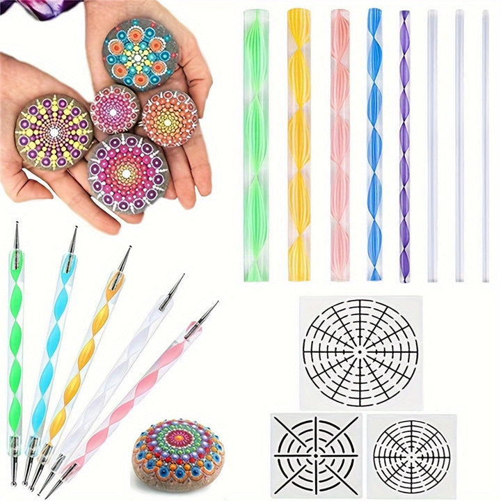 Complete mandala art supplies kit with dotting tools for creative painting on rocks, canvas, & ceramics.