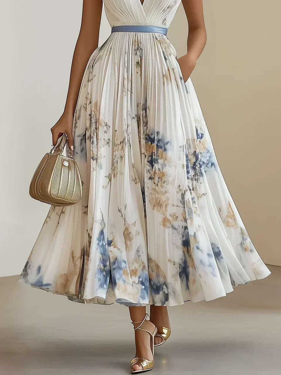 Women's vibrant sleeveless long dress with a chic V-neck, ideal for summer evenings.