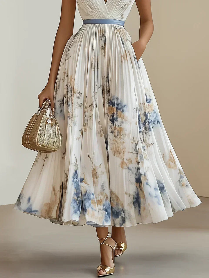 Women's vibrant sleeveless long dress with a chic V-neck, ideal for summer evenings.