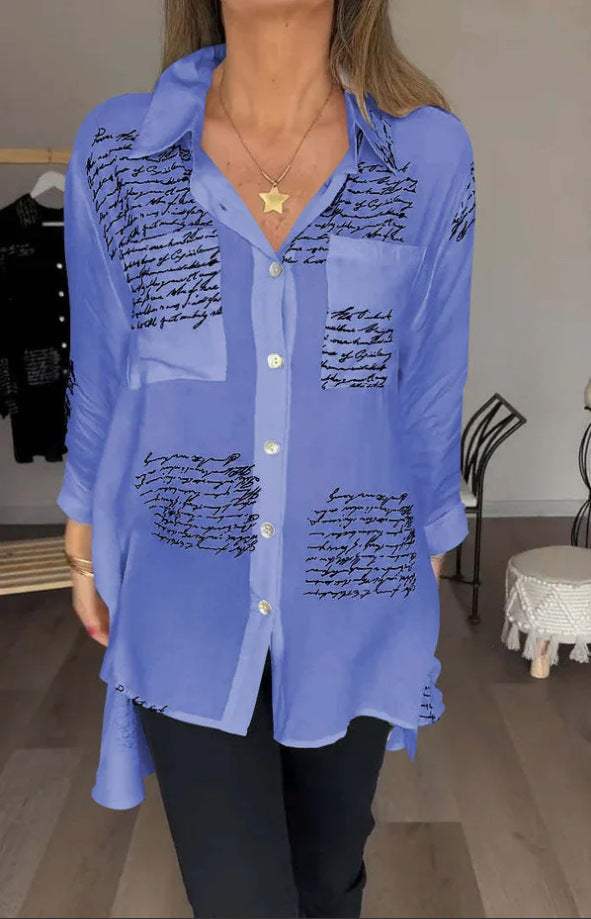 Stylish women's oversized top featuring unique script print. A chic button-up long sleeve shirt perfect for casual wear.