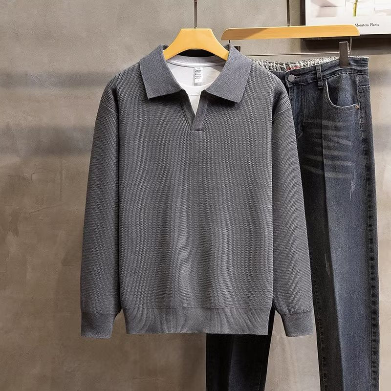 Elegant men's long sleeve polo sweater, ribbed knit, offering comfort and style for winter and autumn fashion.