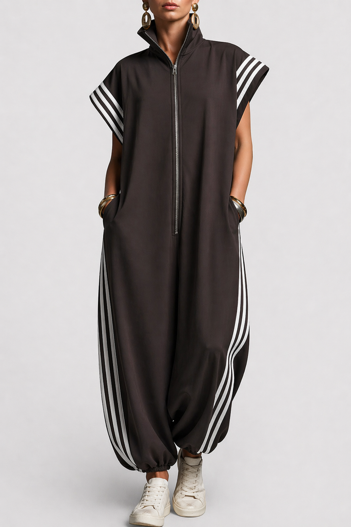 Elegant women's sleeveless jumpsuit with zip neck, shown in burgundy, perfect for summer fashion & events.