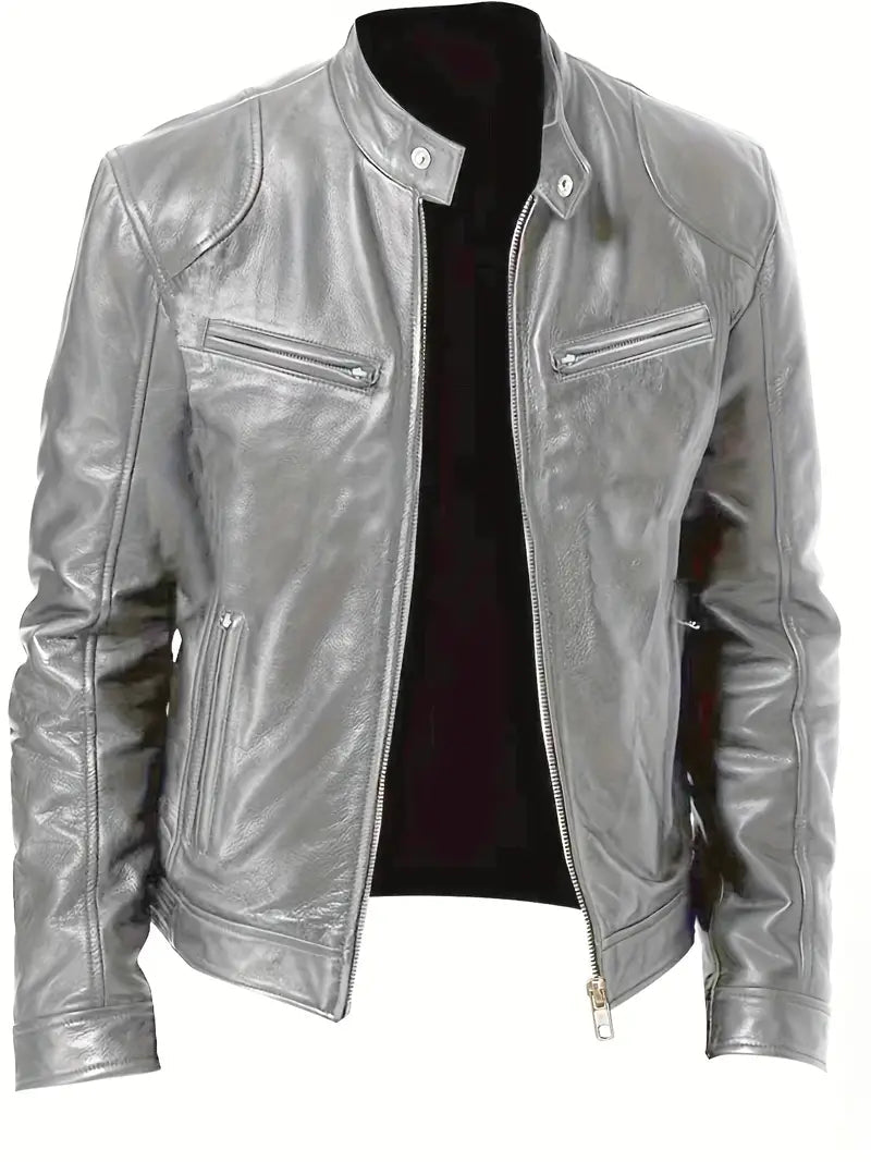 Close-up of a contemporary men's slim fit racer jacket, showcasing design and texture.