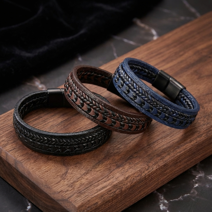 Dark brown braided leather men's bracelet, Viking inspired, perfect for a rugged style.
