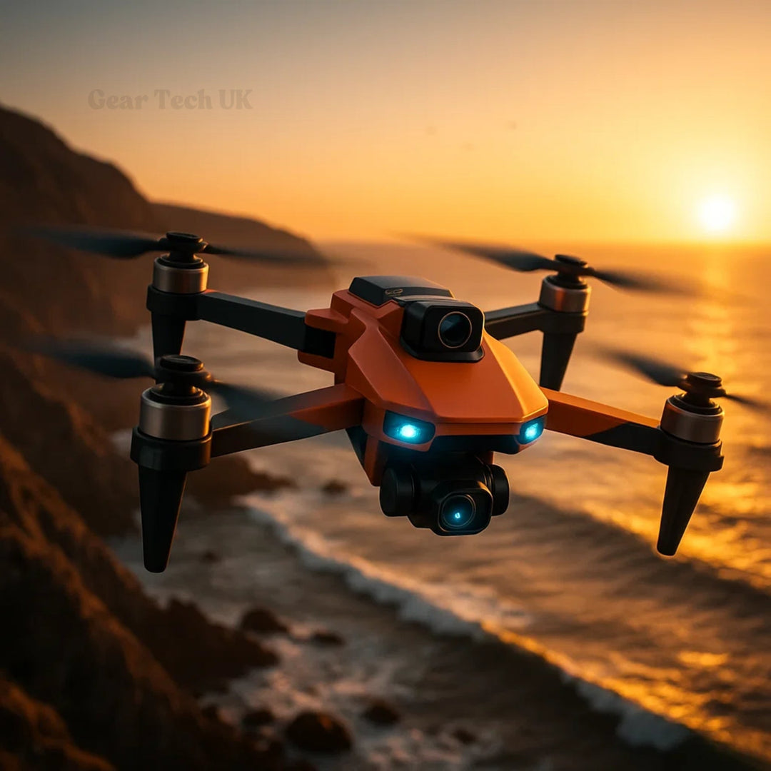 "8K HD Pro Drone with dual cameras, GPS, brushless motors in gray and orange, stylish and compact for aerial photography."