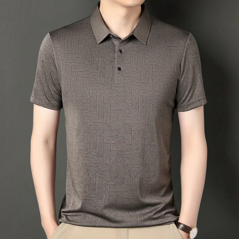 Comfortable men's short sleeve polo shirt, showcasing a unique textured knit fabric for a smart casual summer top.
