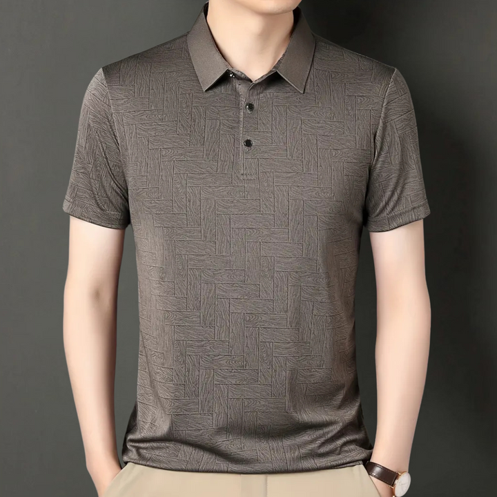 Comfortable men's short sleeve polo shirt, showcasing a unique textured knit fabric for a smart casual summer top.
