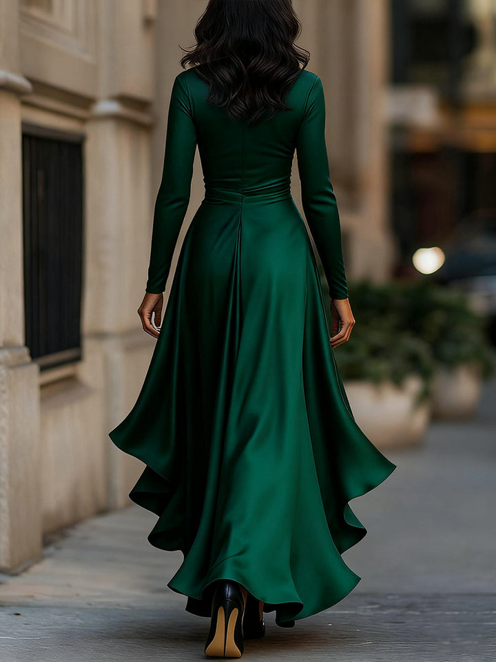 Comfortable & elegant women's pleated maxi dress. Features V-neck, ruffles, long sleeves, occasion wear.