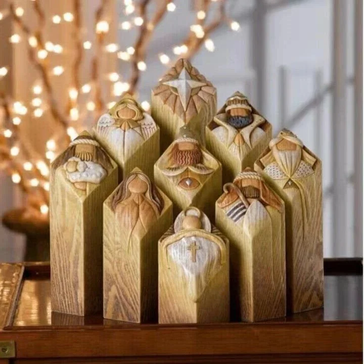 9-piece Christmas Nativity Pillar Statue Set for festive home decor. Religious resin figurines depicting the holy family.