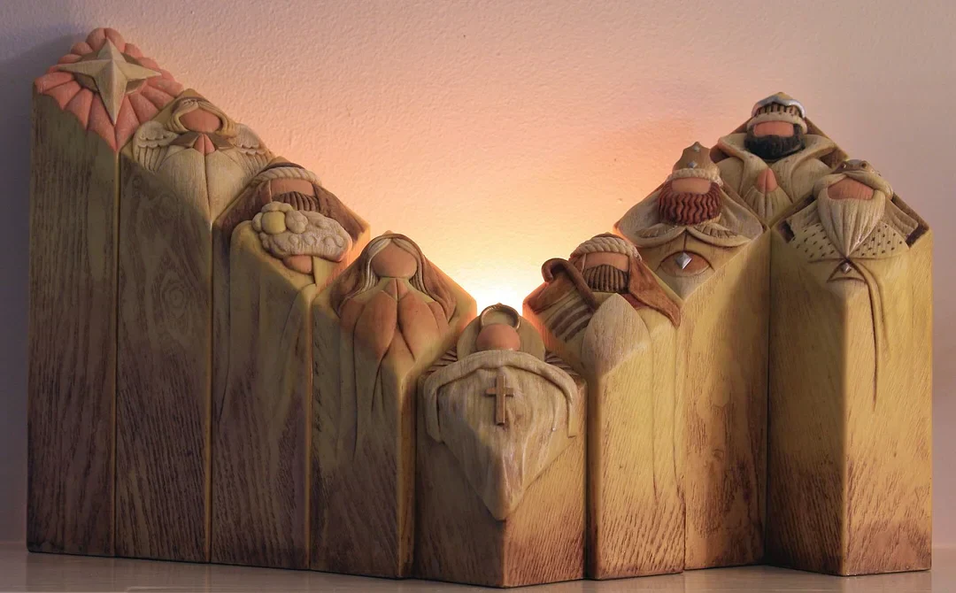 Elegant 9-piece Christmas Nativity pillar statue set. Resin figurines bring festive religious home decor to life.