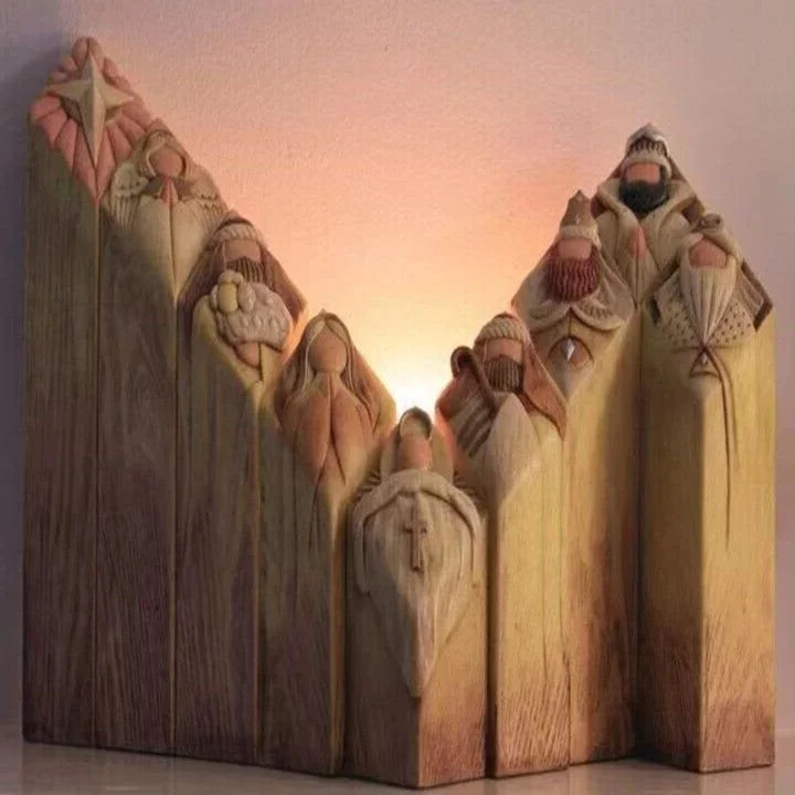Close-up of the 9-piece Christmas Nativity pillar statue set, showcasing Mary, Joseph & Baby Jesus figurines.