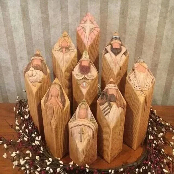 Full view of the 9-piece Christmas Nativity resin pillar statue set, a beautiful religious holiday home decor.