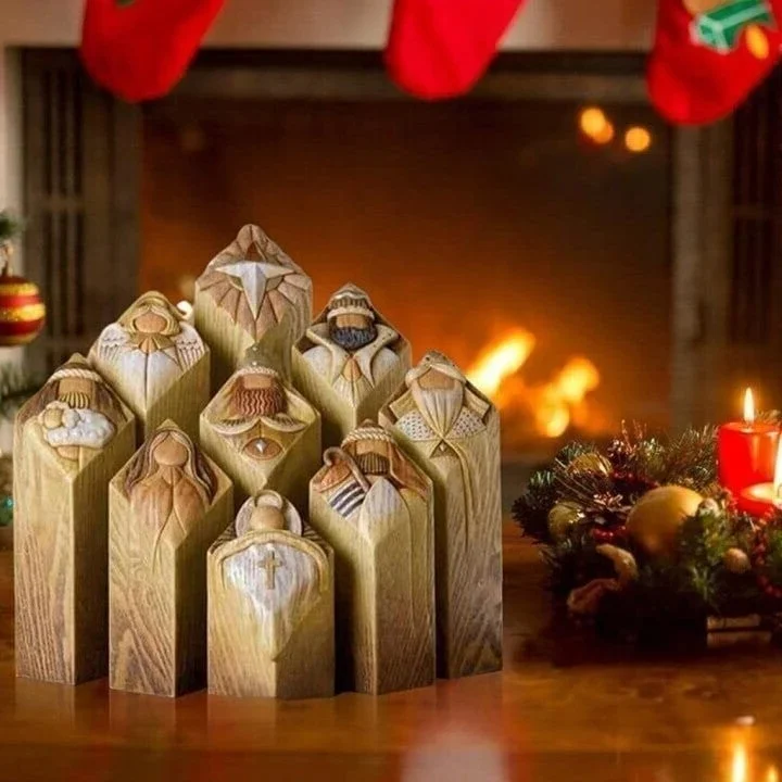 Traditional 9-piece Christmas Nativity pillar statue set. Festive resin figurines for meaningful religious home decor.