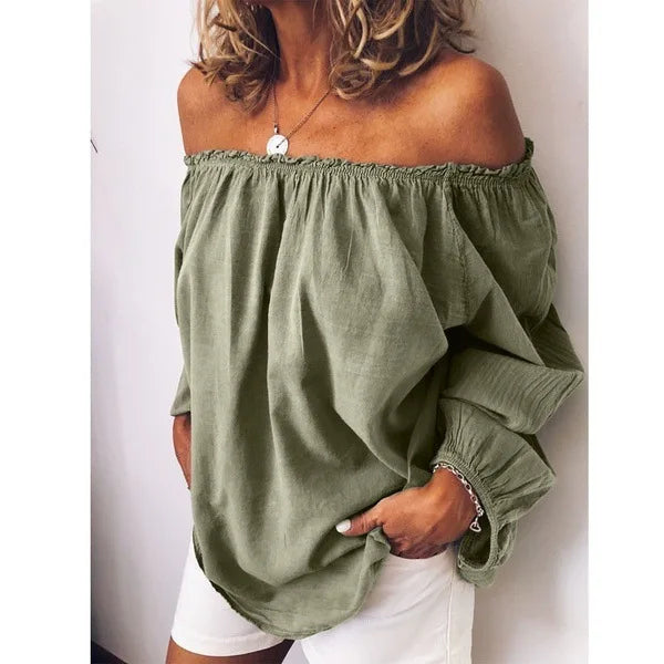 Casual yet chic women's off-shoulder blouse with elegant balloon sleeves, a versatile fashion piece.