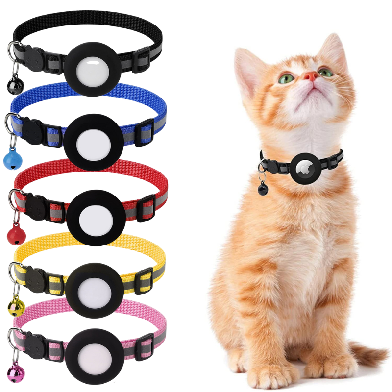 Reflective cat AirTag tracking collar for enhanced pet safety & easy location. Adjustable & lightweight feline accessory.
