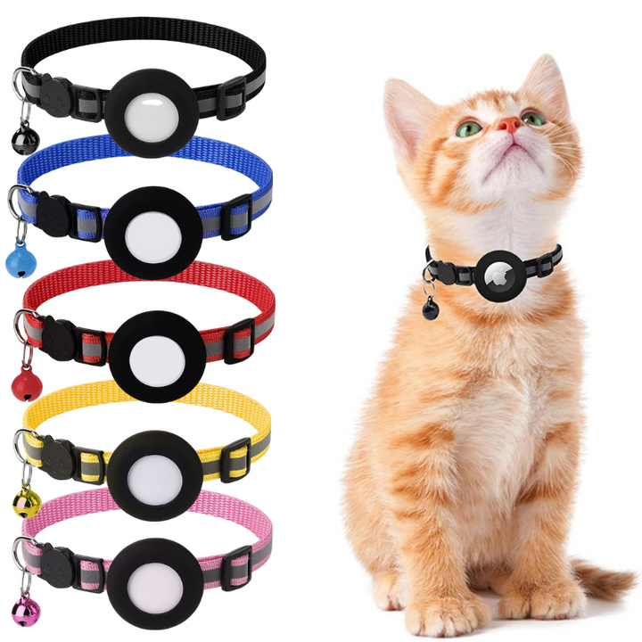 Reflective cat AirTag tracking collar for enhanced pet safety & easy location. Adjustable & lightweight feline accessory.