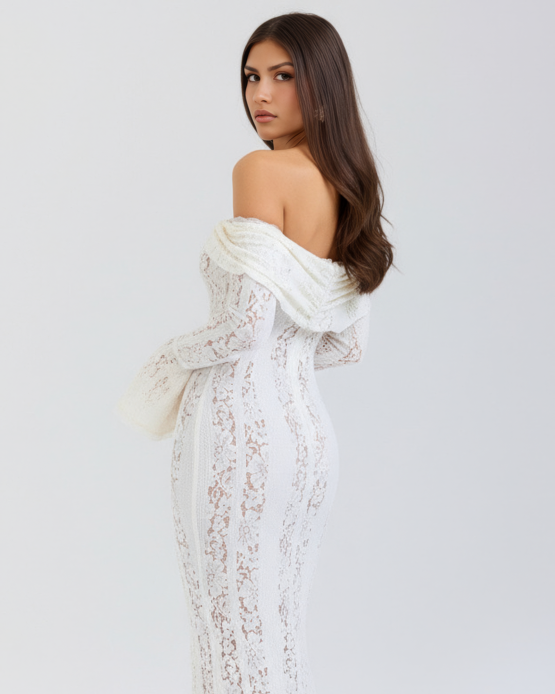 Women's elegant off-shoulder floral lace maxi dress; comfortable long gown for formal events.