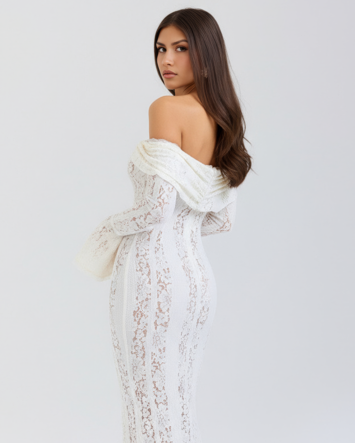 Women's elegant off-shoulder floral lace maxi dress; comfortable long gown for formal events.