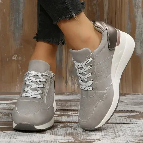 Versatile women's platform wedge walking sneakers, lace-up & side-zip for everyday style.