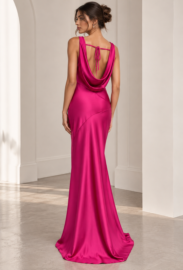 Long fuchsia formal gown for women, featuring a cowl neck. A chic choice for wedding guests & elegant evening parties.