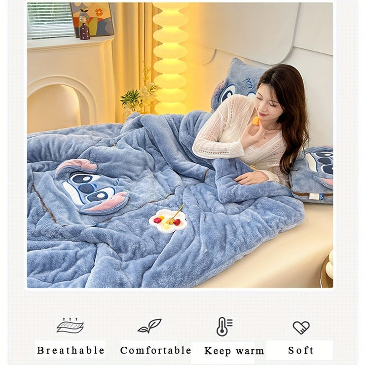 Soft 2-in-1 Stitch plush throw blanket and character pillow. Ideal for travel, kids' rooms, or living spaces.