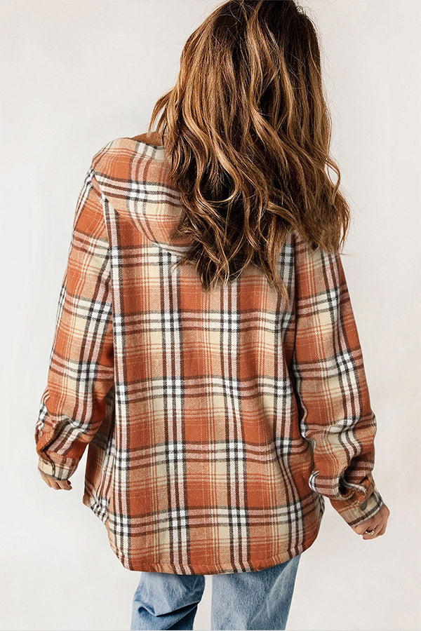 Women's fall fashion plaid hooded jacket, warm & comfy with front buttons and long sleeves.