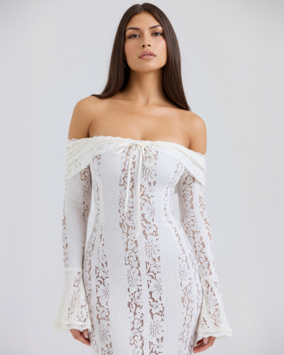 Off-shoulder floral lace maxi dress for women. Elegant cream long gown, perfect for parties & evening wear.