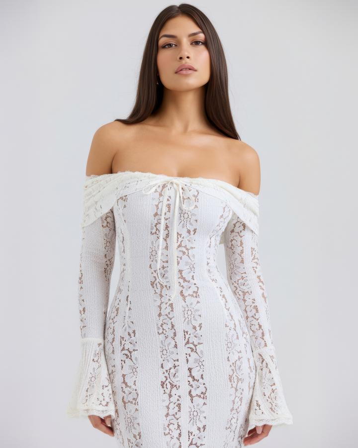 Off-shoulder floral lace maxi dress for women. Elegant cream long gown, perfect for parties & evening wear.