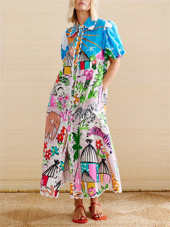 Elegant tropical floral midi dress for women. Chic summer event wear, perfect for vacation.