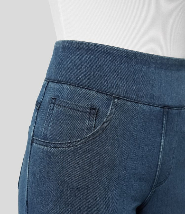 Chic dark blue high-waisted wide-leg stretch trousers for women, comfortable & versatile.