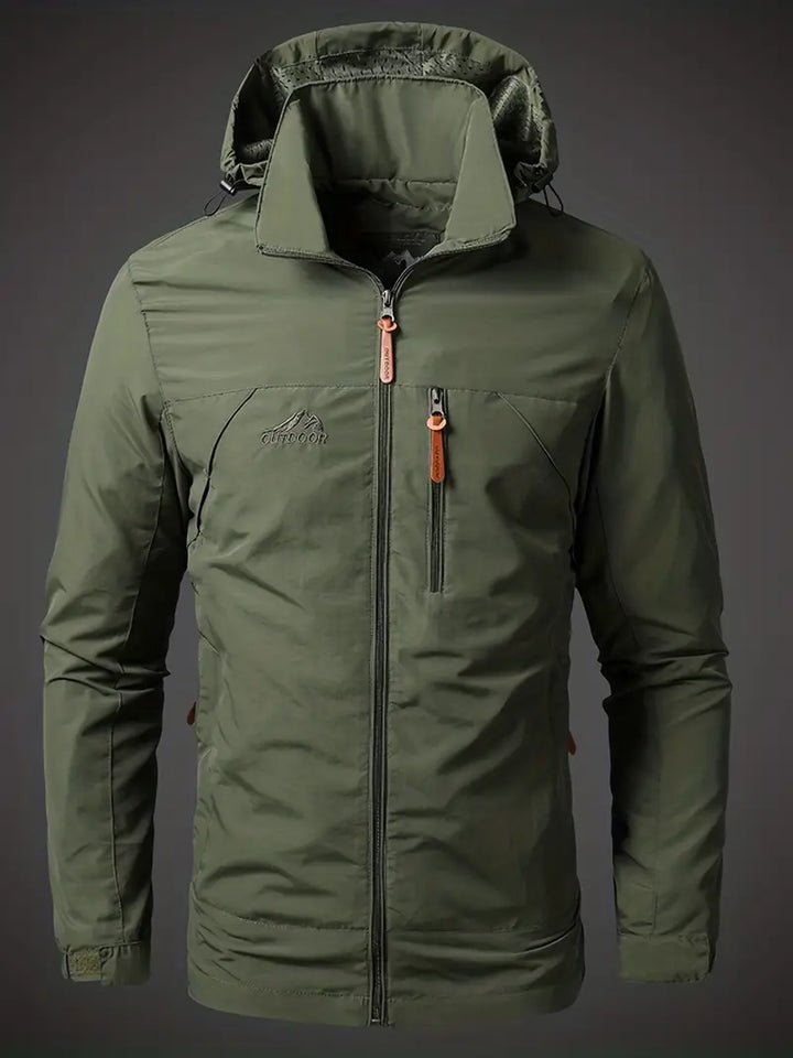 Men's waterproof hooded rain jacket, perfect for outdoor adventures, hiking, and travel in spring or autumn.