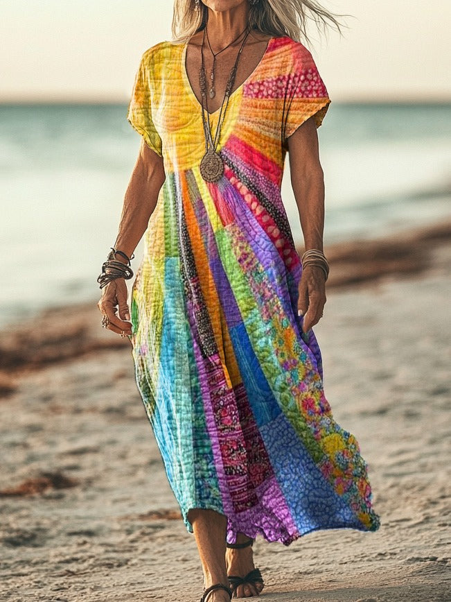 Bohemian women's sun design dress, available in long or short sleeves. Ideal for elegant summer or casual occasions.