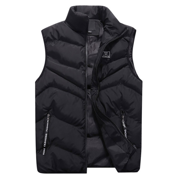 Stylish men's sleeveless puffer vest with a stand collar, ideal for casual autumn and winter fashion layering.