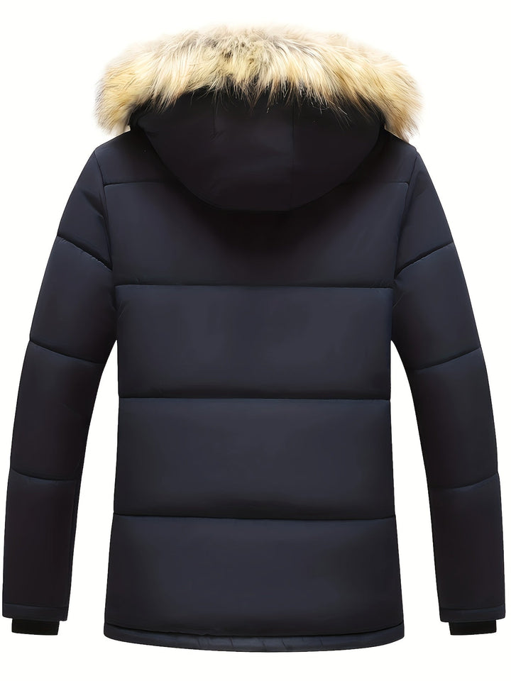 Warm men's winter coat, a hooded quilted puffer for ultimate cold weather protection.
