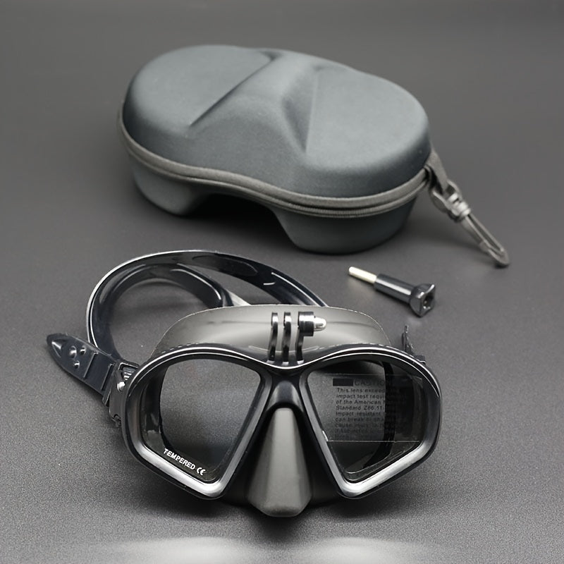 Dive mask with anti-fog tempered goggles, camera mount, and protective storage case for travel.