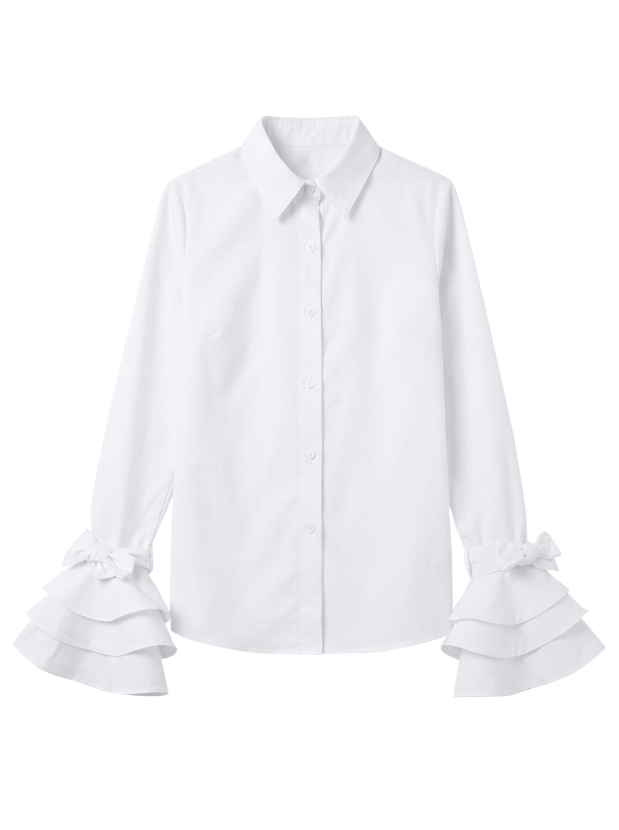 Women's smart casual tiered ruffle blouse. Elegant button-up top with flare sleeves, perfect for work.