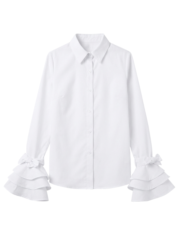 Women's smart casual tiered ruffle blouse. Elegant button-up top with flare sleeves, perfect for work.